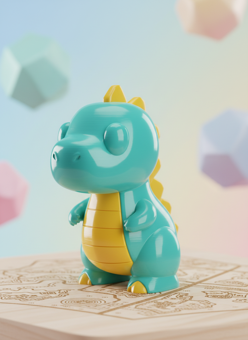 A hero-style close-up of a signature 3D-printed toy character: a charming geometric dinosaur with oversized rounded eyes, printed in glossy turquoise plastic with accents of sunny yellow. The toy stands proudly in the center of the frame on a light birch-wood surface engraved with an abstract map-like pattern hinting at Beersheba’s desert surroundings. Soft, directional lighting from the right creates gentle highlights on the curved surfaces and subtle shadows that emphasize the layered print lines. The background is a softly gradient pastel backdrop in playful tones, with out-of-focus floating shapes echoing the character’s geometry. The composition uses the rule of thirds, with a crisp, clean 3D-model aesthetic that feels joyful and full of personality.
