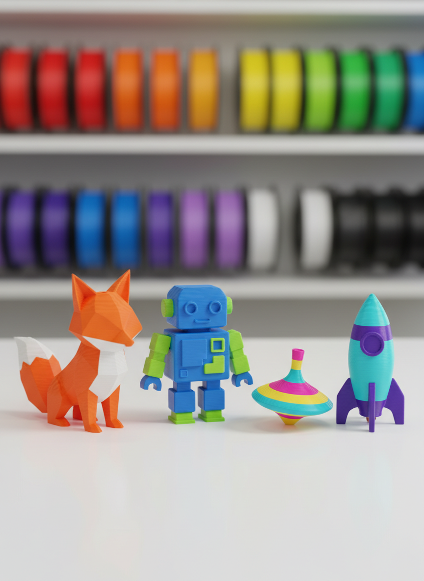 A playful collection of custom 3D-printed toys displayed on a clean white tabletop, each toy a different vibrant color: a low-poly fox, a blocky robot, a spinning top, and a tiny rocket, all with visible layered print texture that catches the light. In the softly blurred background, shelves suggest a cozy Beersheba studio workshop with neatly arranged spools of filament in rainbow rows. Gentle, even studio lighting creates soft reflections on the smooth plastic surfaces and subtle shadows beneath each toy. Shot at eye level with a slight angle, the composition is balanced and welcoming, emphasizing the variety and uniqueness of the designs in a bright, modern 3D-rendered style that feels fun and approachable.