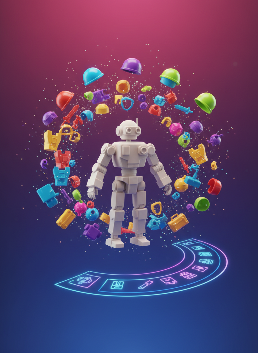 A customization concept scene showing a central 3D-printed toy robot in neutral white plastic, surrounded by interchangeable, brightly colored parts hovering around it: arms, hats, panels, and accessories, all rendered as detailed 3D models. Beneath the robot, a transparent holographic-like interface arcs in a right-to-left curve, suggesting selectable options without using any text. The background is a smooth gradient from deep blue to magenta, with subtle glowing particles that evoke creativity and digital design. Directional studio lighting adds crisp highlights and defined shadows, emphasizing the modular pieces. Shot from a slightly low angle to make the robot feel important, the composition is dynamic and energetic, clearly communicating that visitors can request unique, personalized 3D-printed toys.