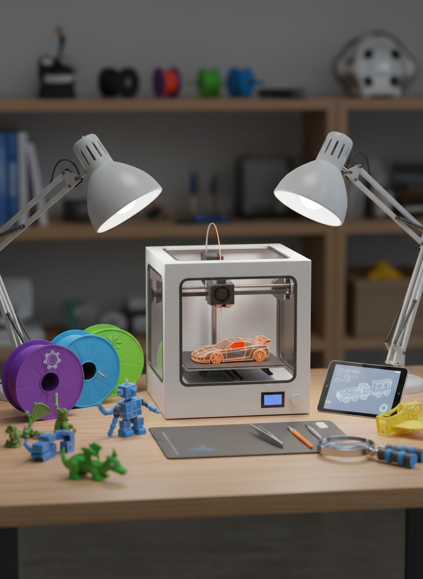 A tidy 3D-printing workbench scene showing the toy creation process: a compact desktop 3D printer mid-job, its nozzle carefully laying down bright orange filament to form a small racing car toy. On the work surface around it lie partially assembled toys, colorful filament spools labeled only with abstract icons, and neatly arranged tools like tweezers and a tiny brush, all styled as 3D models. Cool, focused task lighting illuminates the printer and build plate, while the rest of the workshop fades into a soft blur. The atmosphere feels inventive and curious, with a slightly elevated camera angle revealing the entire setup, highlighting craftsmanship and the magic of turning digital designs into tangible playthings.