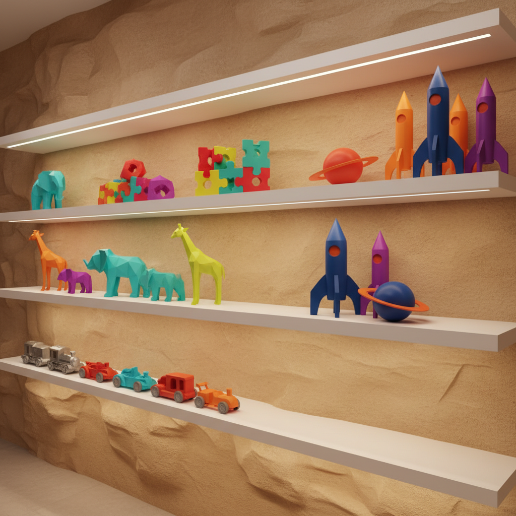 A neatly organized display wall of 3D-printed toys arranged in a playful, right-to-left visual flow inspired by Hebrew layout. Shelves float against a warm, sand-toned background echoing the Negev desert near Beersheba. On the shelves, different themed collections stand in small groups: space rockets and planets, abstract puzzle shapes, stylized animals, and mini vehicles, all in bold, saturated colors with semi-matte plastic textures. Soft ambient lighting from above and below creates a gentle glow, adding depth and subtle shadows behind each piece. Captured straight-on with sharp focus throughout, the 3D-model style scene feels like a digital catalog page, perfect for browsing and imagining custom combinations and new toy ideas.